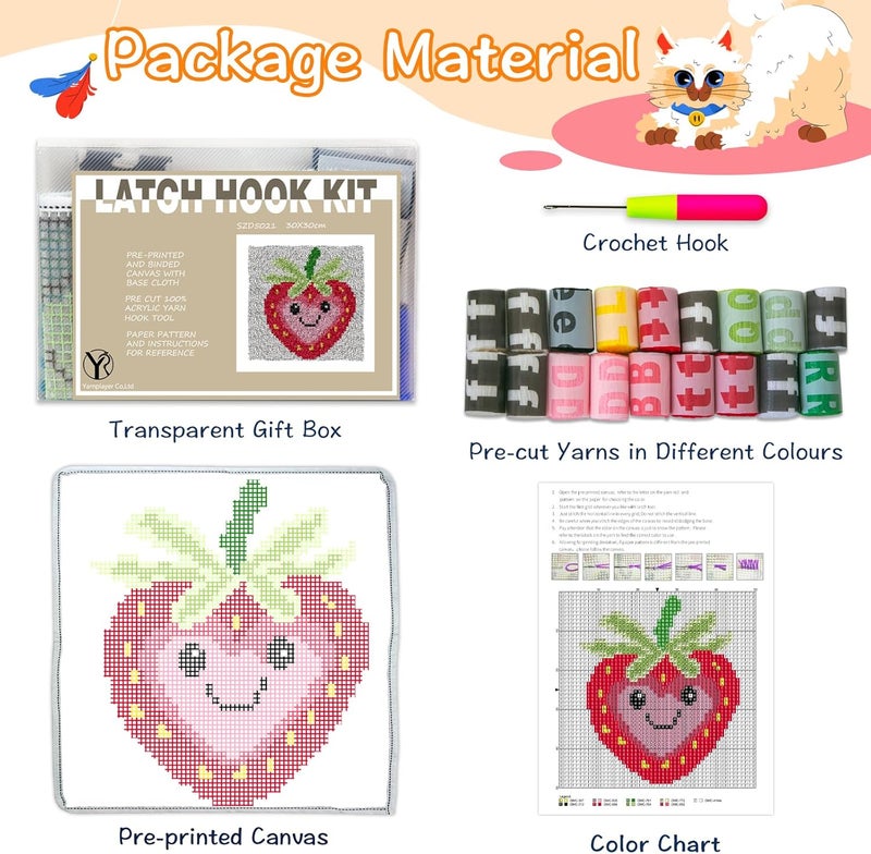 YP Strawberry Smiley Face Latch Hook Kit for DIY Craft Lovers - 12x12 Inch Crochet Rug Making Set, Fun & Creative Home Decor Needlework Project for Beginners - Image 2